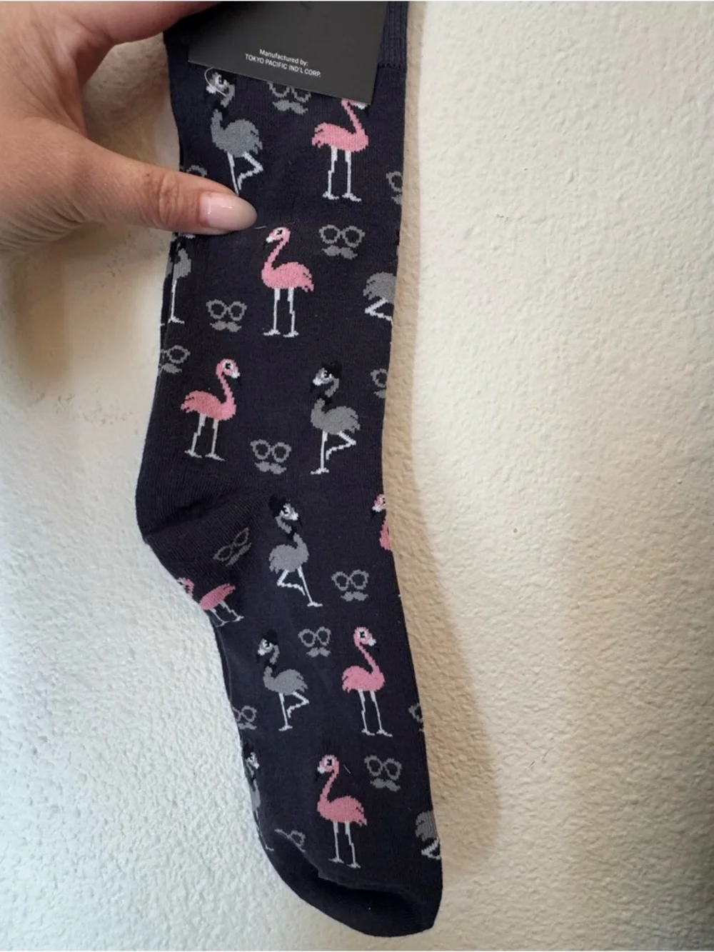 Iconic  Navy Flamingo Crew Socks - Pink & Gray Pattern‎